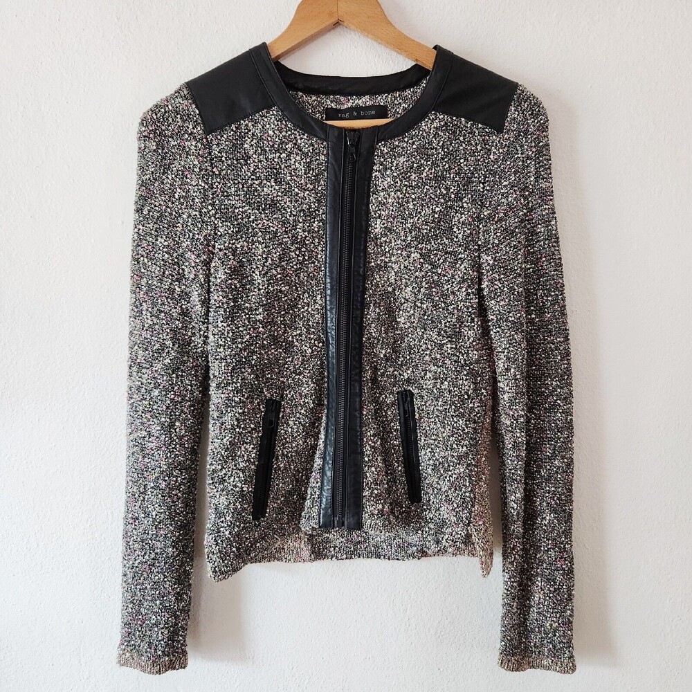 Rag & Bone Lory Tweed Lambs Leather Trim Zip Up Cardigan Jacket Size Small $495